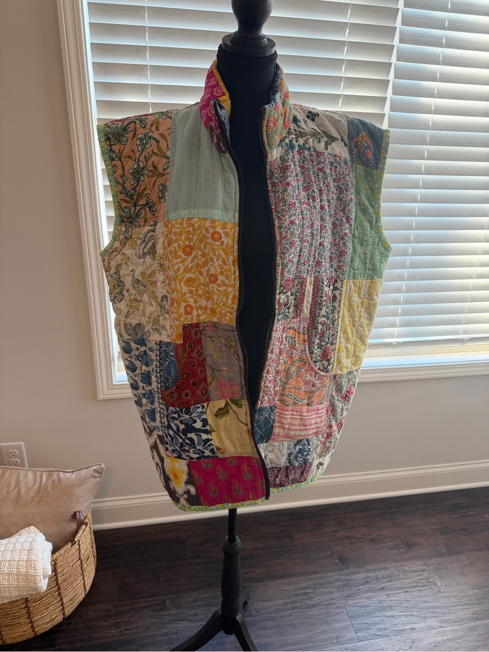 Quilted Patchwork Vest in Pink, Orange, Green & Navy